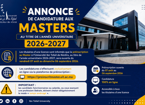 Candidatures aux Masters 2026-2027- ouverture des préinscriptions à l’Université Ibn Tofail---